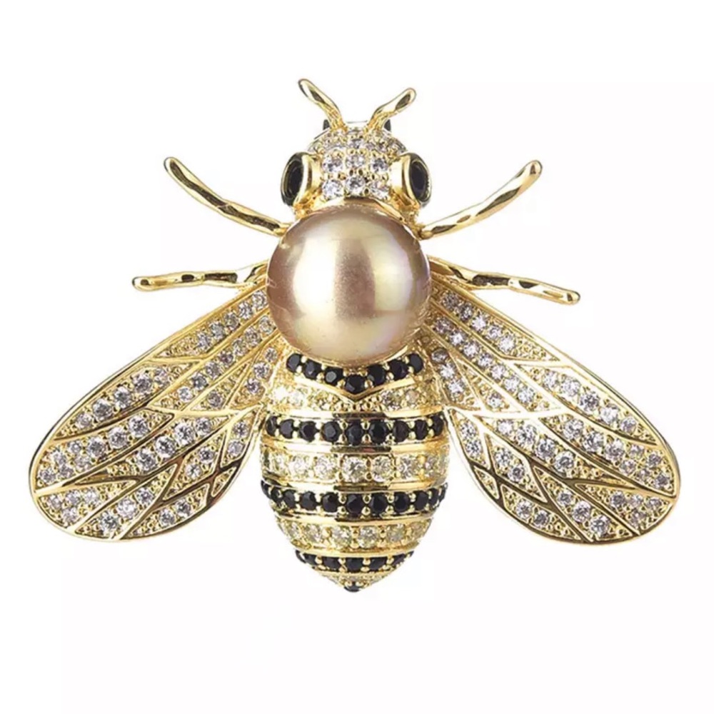 Golden Crystal Bumblebee Pearl Brooch Lapel Pin - Picture 1 of 16